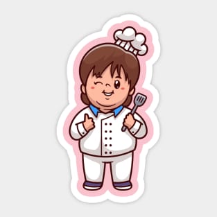 Cute Kid Chef Holding Spatula Cartoon Sticker